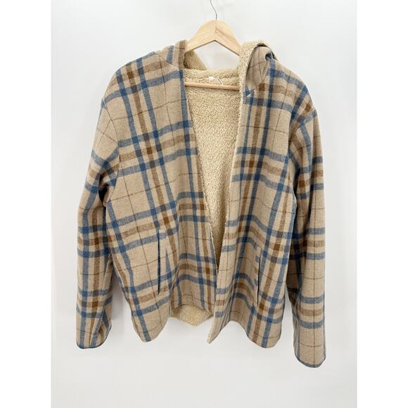 Entro Women Tan Blue Plaid Open Front Fur Lined Shacket Hood Wool Blend Size L - Picture 1 of 6